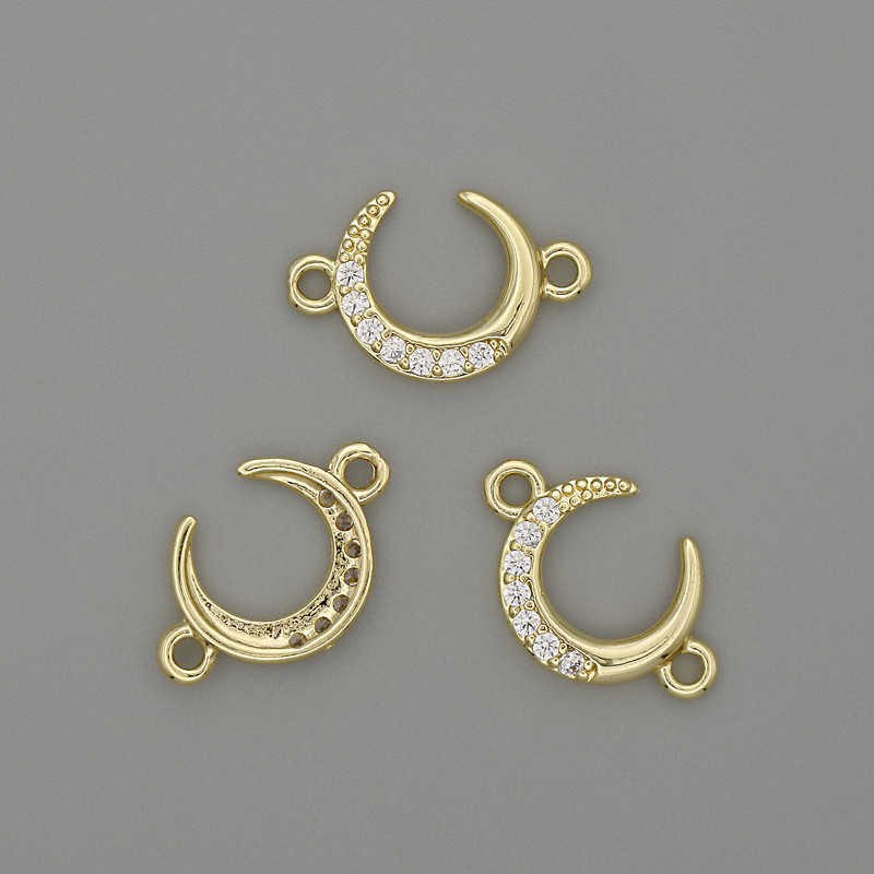 Konektor Księżyc z białymi cyrkoniami, metal złocony, 16×10,5 mm, 5 mm+