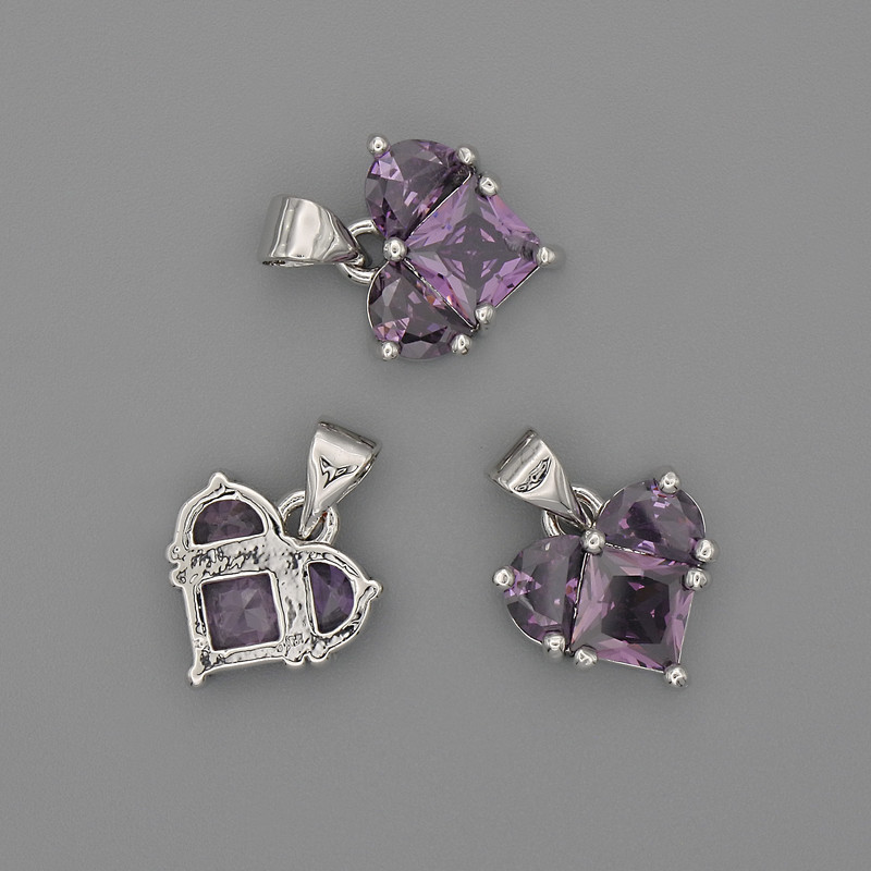 Wisiorek w kształcie serca z fioletowymi kryształami, 12×12 mm, długość 17 mm, srebrzysty metal