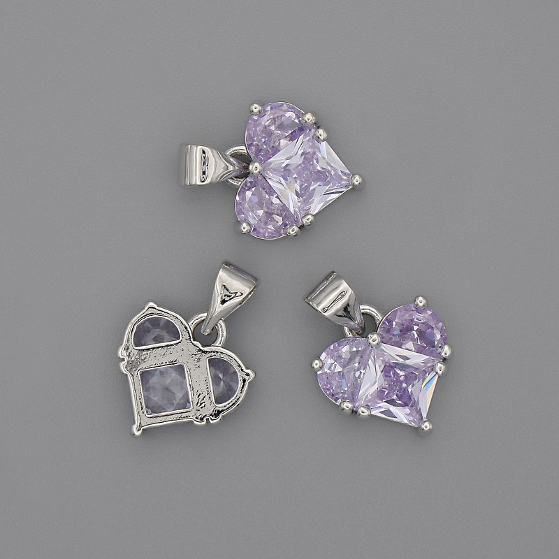 Wisiorek Serce z jasnofioletowymi kryształami 12×12 mm, długość 17 mm, metal w kolorze srebra