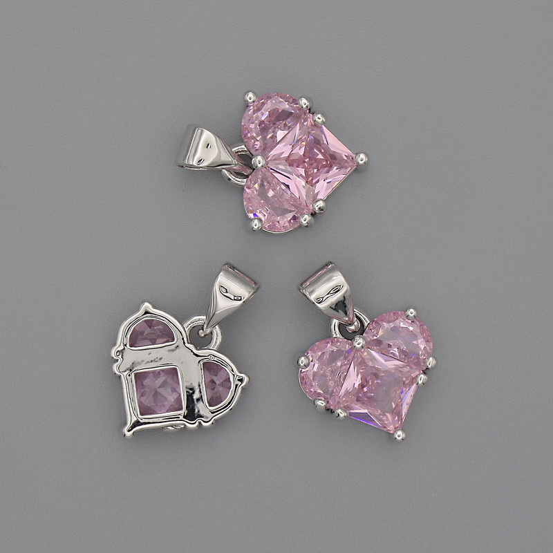 Wisiorek Serce z różowymi kryształami 12×12 mm, długość 17 mm, srebrzysty metal