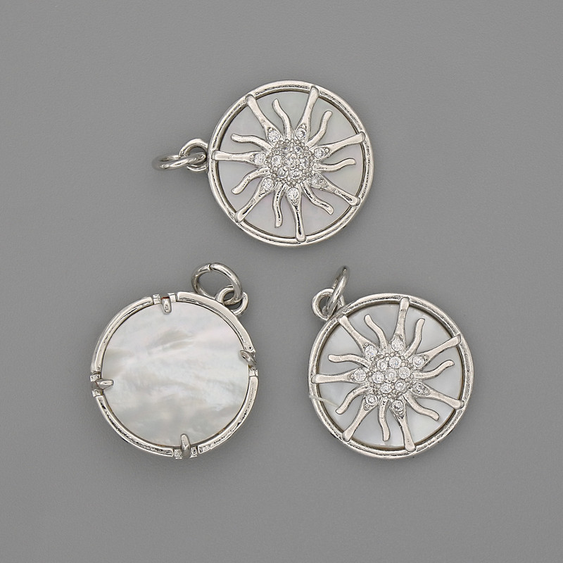 Wisiorek Perłowe Słońce 15 mm +/-, długość 20 mm +/-, srebrzysty metal
