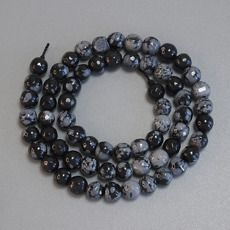 Koraliki z obsydianu śnieżnego, fasetowane kuleczki, średnica 6 mm, długość 37 cm, na nitce