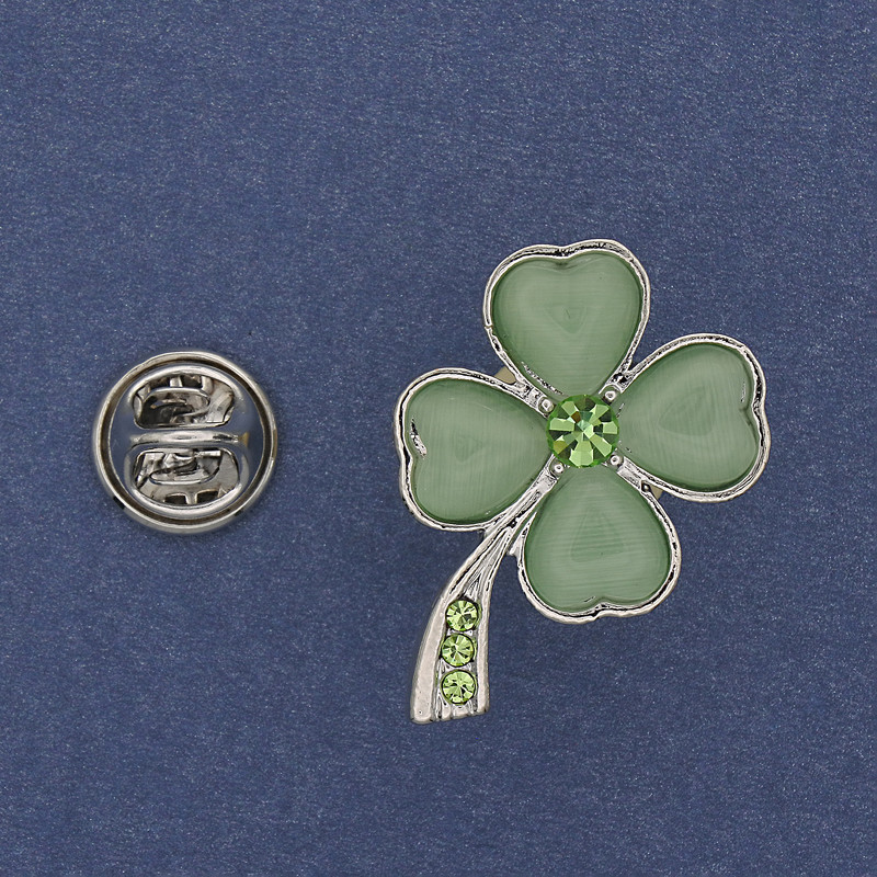 Broszka Koniczyna z zielonym kocim okiem, kryształami, metal srebrzysty 19×30 mm+