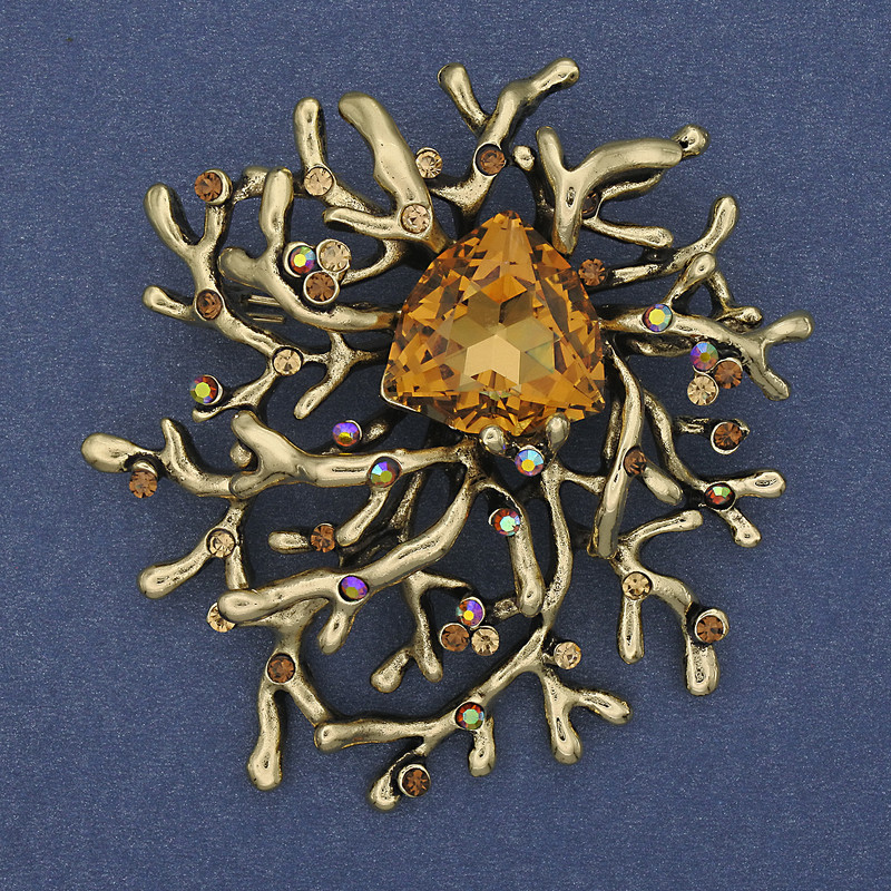 Broszka-wisiorek 'Akcent' żółty kryształ, cyrkonie, metal złocisty, 55×62 mm+