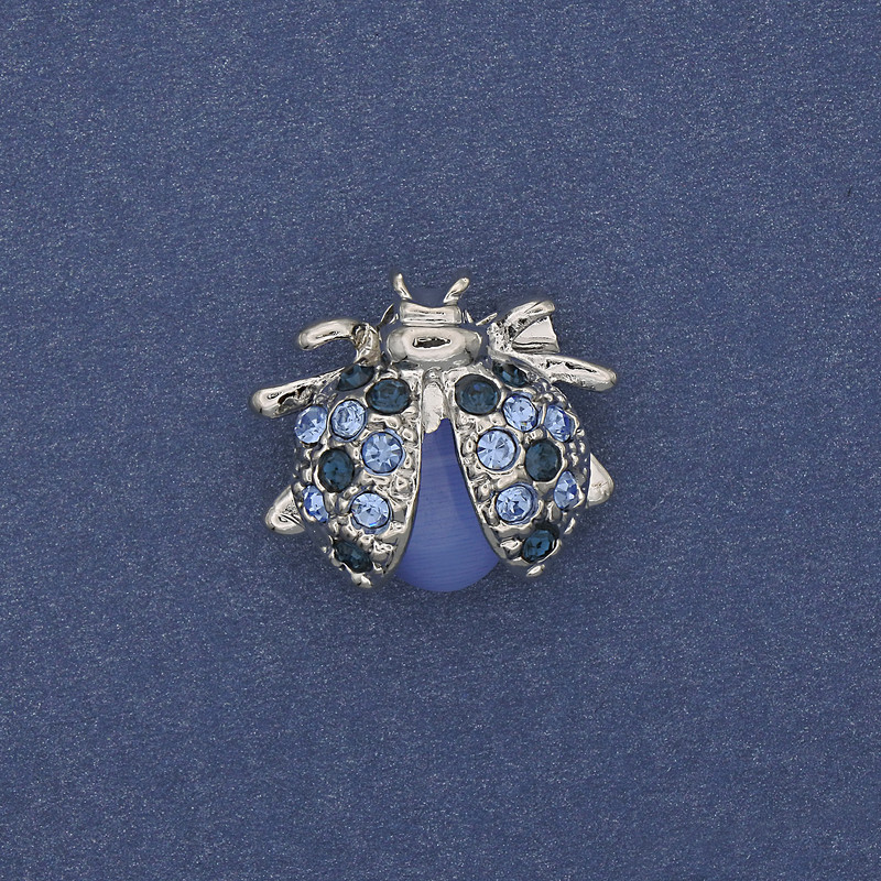 Broszka Biedronka z kryształami, błękitne Kocie oko 21×18 mm, srebrzysty metal