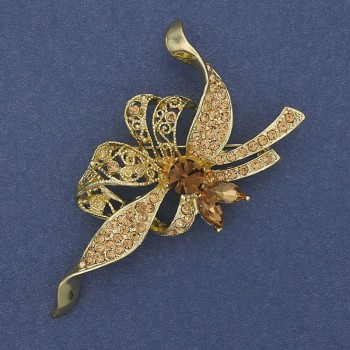 Broszka „Wstążka” z żółtymi kryształami, złotego metalu, średnica 72×43 mm +