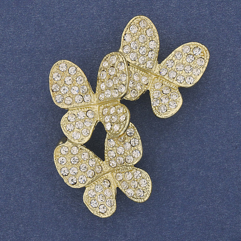 Broszka-wisiorek Motyle z białymi kryształami, złoty metal, 44×33 mm