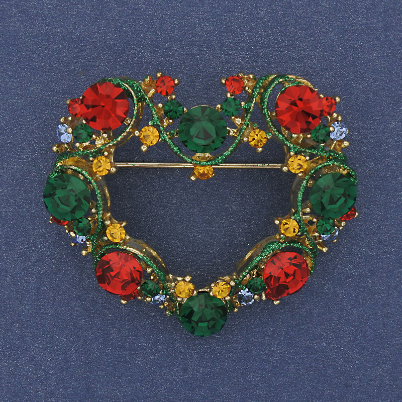 Broszka-wisiorek Serce, emalia, kryształy, metal złocisty, 40×35 mm+