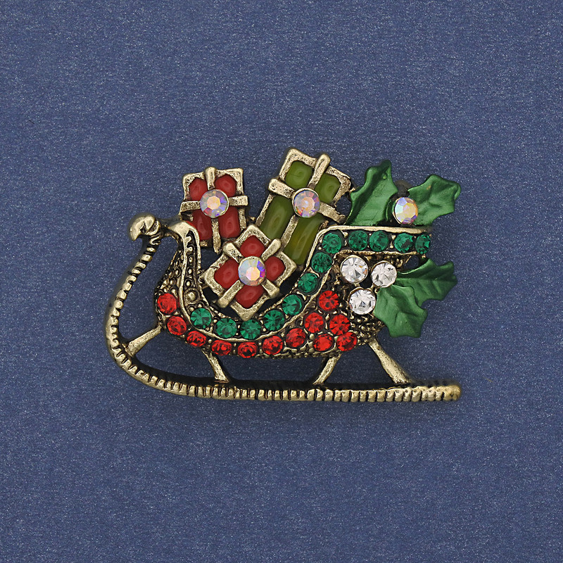 Broszka Sanie bożonarodzeniowe, kolorowa emalia, kryształy strass, metal złocisty, 35×24 mm +