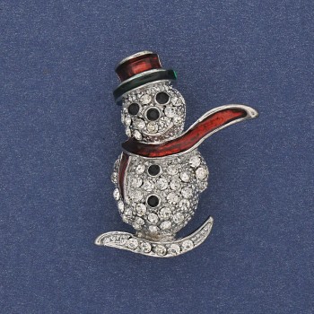 Broszka noworoczna w kształcie bałwana, z emalią, białymi cyrkonami i srebrzystym metalem, 32×22 mm +