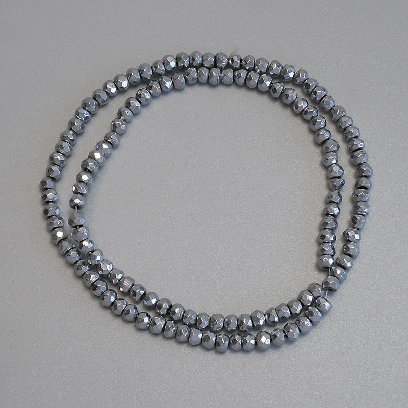 Koraliki hematytu w kolorze srebra, szlifowane, w kształcie rondeli 4×3 mm ±, na żyłce, długość 38 cm+