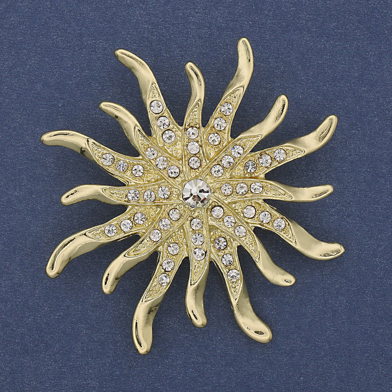 Broszka Słońce z białymi kryształami, metal złocisty 54 mm+
