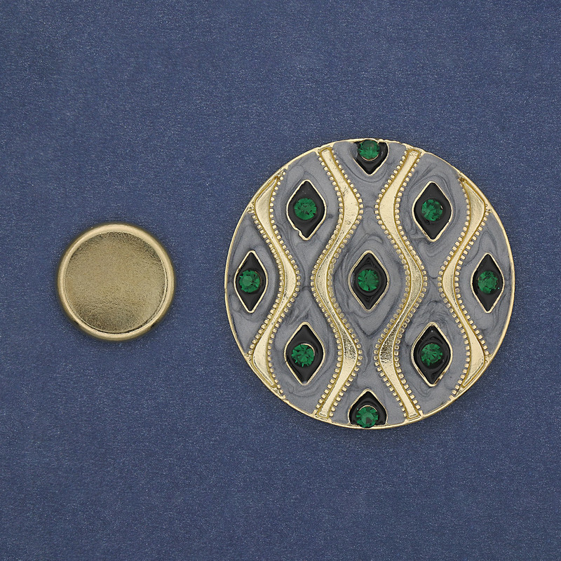 Broszka na magnesie 'Akcent' z zielonymi kryształami, 40 mm ± szara emalia i złoty metal