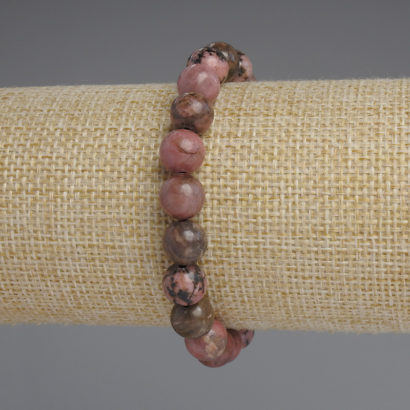 Bransoletka z rodonitu, gładkie kuleczki, średnica 8,5 mm ±, długość 18 cm ±, elastyczna