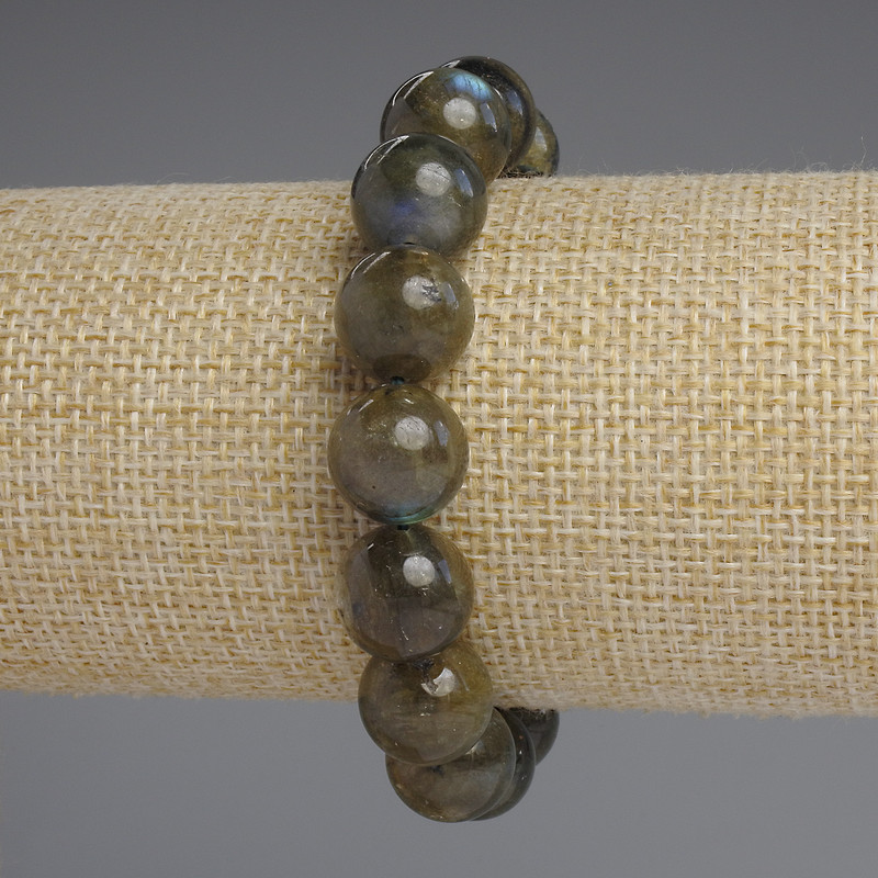 Bransoletka z labradorytu, gładkie kule, 12 mm, długość 18 cm, elastyczna