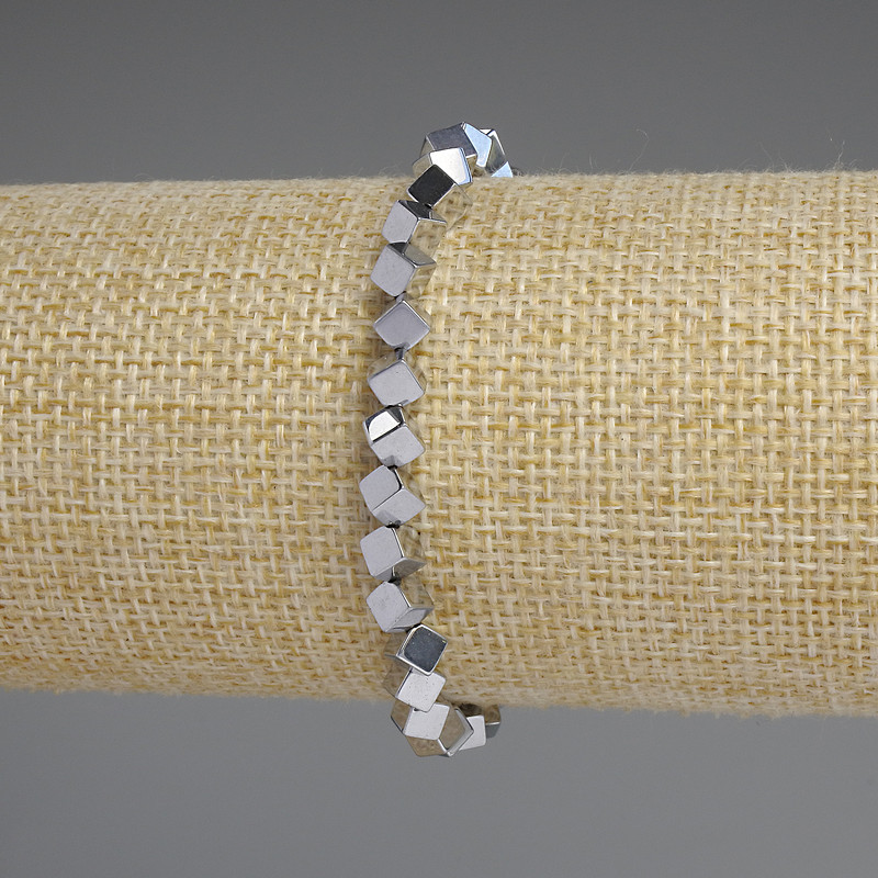Bransoletka z hematytu w kostkach z przelotowym otworem, kolor srebrny, 4×4 mm, długość 18 cm, elastyczna
