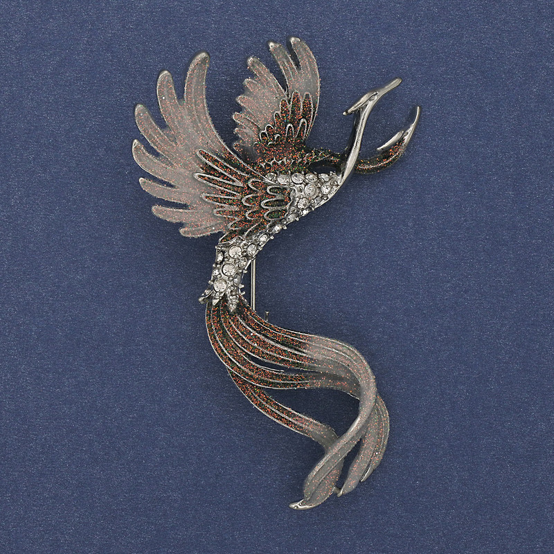 Broszka Ptaka — zielona i szara emalia, kryształy, srebrzysty metal 43×67 mm +