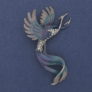 Broszka Ptaka w błękitnej i szarej emalii, kryształy, srebrzysty metal 43×67 mm +
