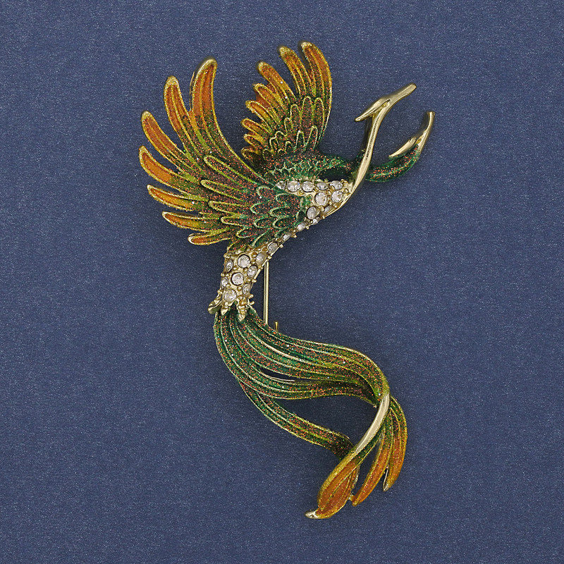 Broszka ptaka, zielona i żółta emalia, kryształy, złoty metal, 43×67 mm +