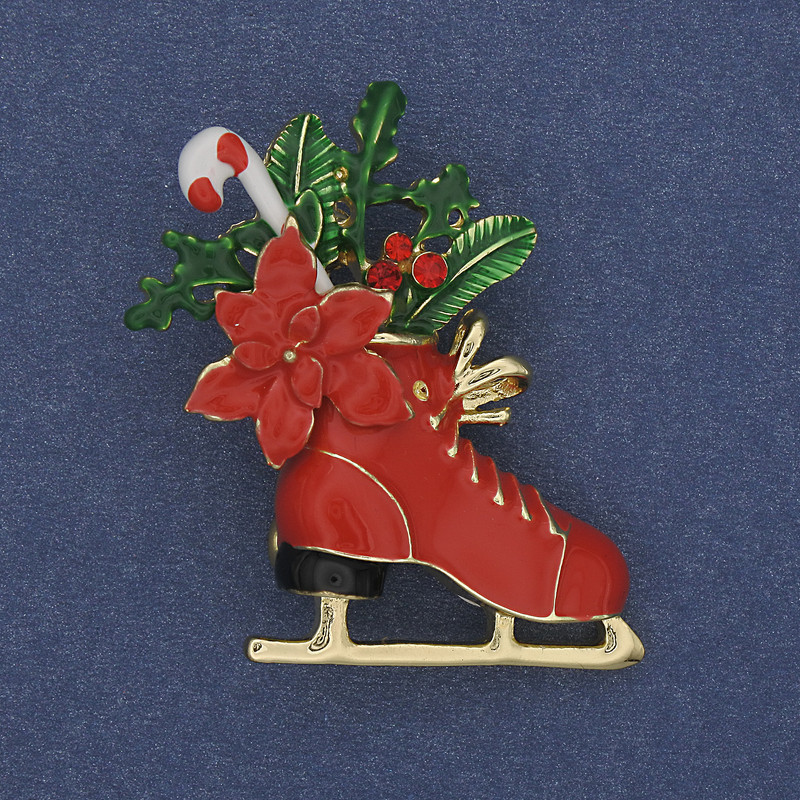 Broszka Noworoczna – łyżwa czerwona i zielona emalia, metal złocisty, 27×38 mm +