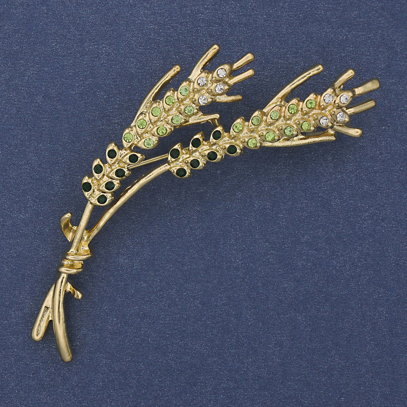 Broszka «Kłosy», zielone i białe cyrkonie, metal złocisty, 18×65 mm+