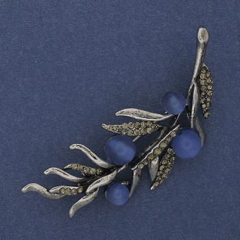 Broszka Gałązka z niebieskim kocim okiem, szare kryształy, 67×26 mm, metal srebrzysty