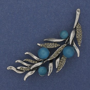 Broszka Gałązka z błękitnym kocim okiem i szarymi kryształkami, 67×26 mm, metal srebrzysty