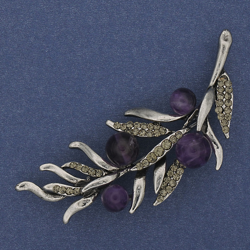 Broszka Gałązka z ametystu, 67×26 mm, metal srebrzysty