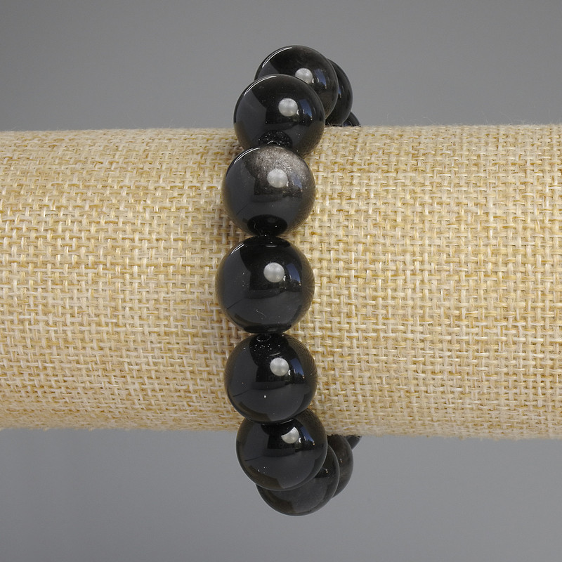 Bransoletka z naturalnego obsydianu srebrzystego, gładka kulka, średnica 14 mm, długość 18 cm +