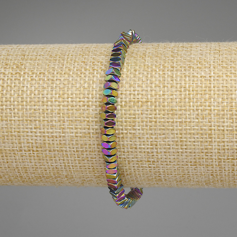 Bransoletka z hematytu tęczowego, fasetowana kwadratowymi rondelkami 4×2 mm, długość 18 cm, na gumce elastycznej
