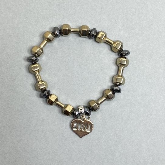 Bransoletka z hematytu w kształcie hantli 20×7 mm ±, fasetowane rondelki 8×4 mm ±, długość 18 cm, elastyczna