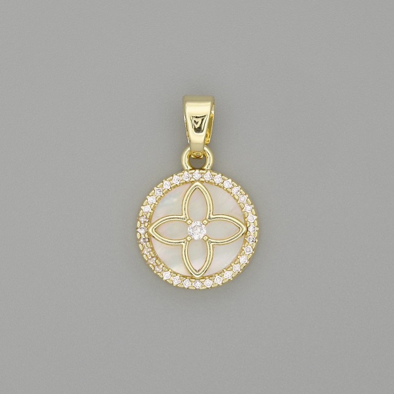Wisiorek z masy perłowej w kształcie koniczyny, w otoczeniu cyrkonii, metal złocisty, 20×13 mm