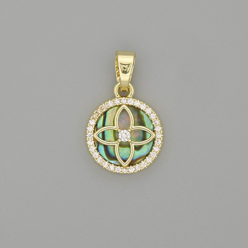 Wisiorek z chalcedonu «Koniczyna» w kole ze strassami, złocisty metal, 20×13 mm+