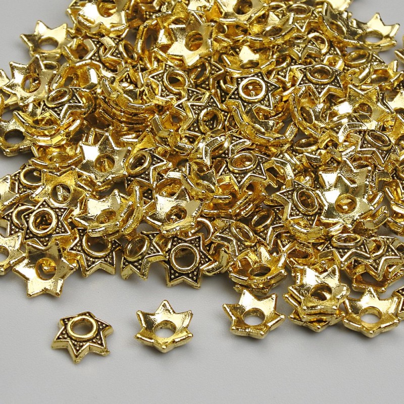Kapeluszki do koralików, kolor metalu: złoty, średnica zewnętrzna 5 mm ±, średnica otworu 1,8 mm ±, opakowanie 20 g (~205 szt.)