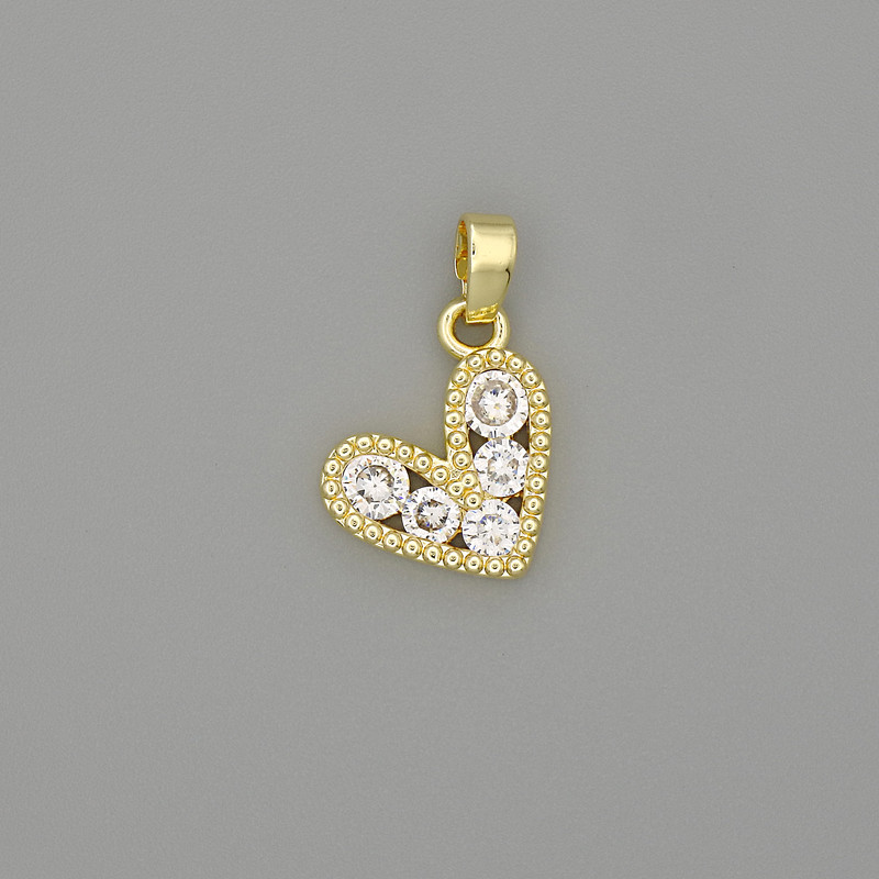 Wisiorek w kształcie serca, złocisty metal, białe kryształy, wymiary 18×11 mm+
