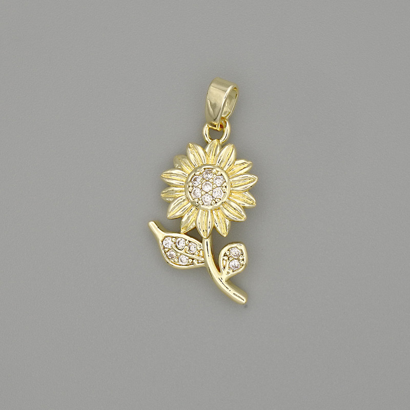 Wisiorek – Słonecznik, złocisty metal, białe kryształy, średnica 26×12 mm+