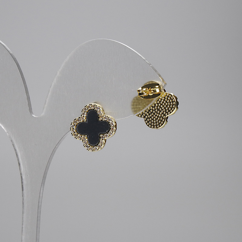 Kolczyki sztyfty «Koniczyna» kolor czarny, białe cyrkonie, metal złocisty, średnica 14 mm+