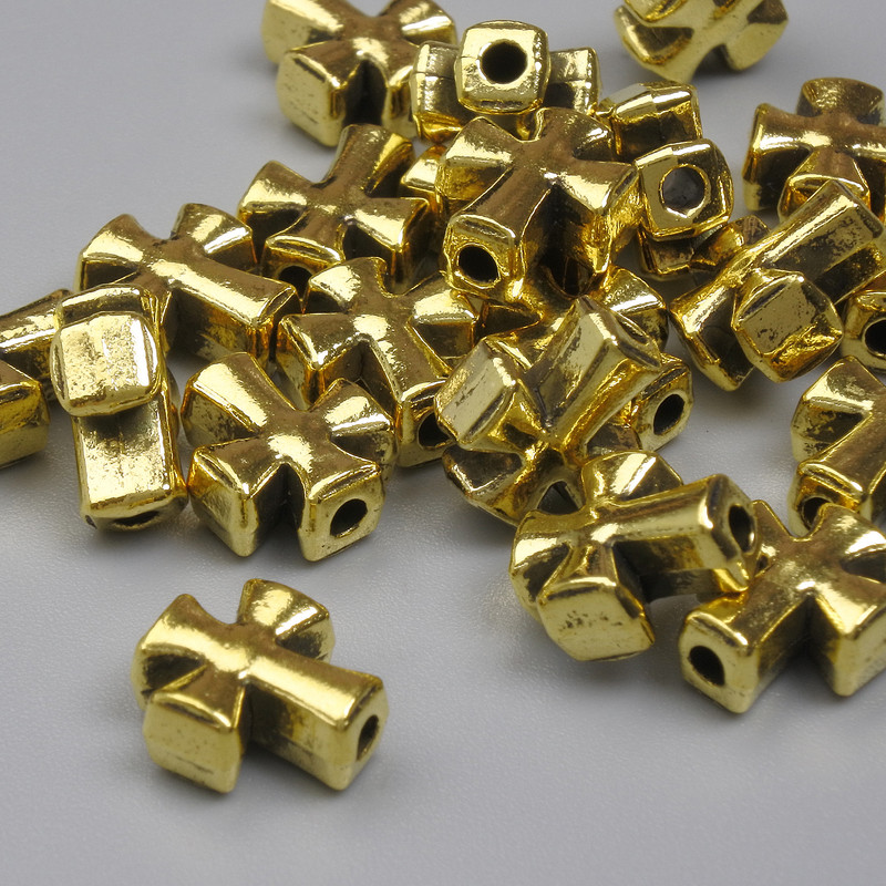 Koralik-wstawka w kształcie krzyża, kolor metalu: złoto, średnica 9×8 mm, otwór około 1,7 mm, opakowanie 20 g (~21 szt.)