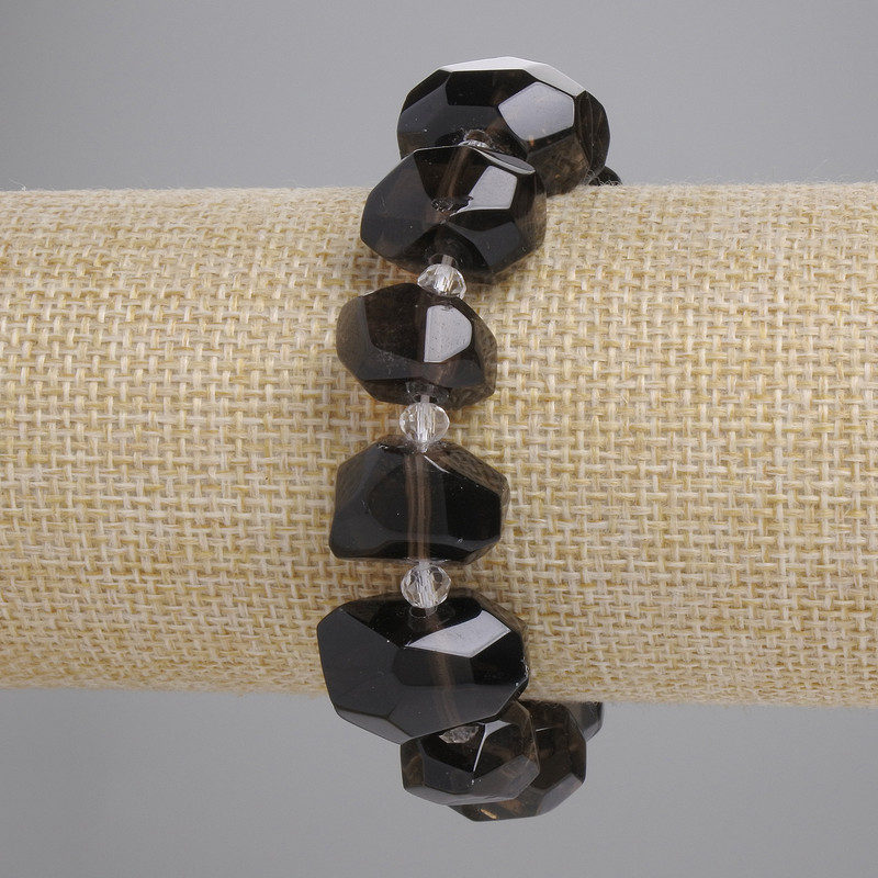Bransoletka z topazu dymnego, fasetowane wielokąty, średnica 12–18×10–13 mm ±, koraliki 5 mm ±, długość 18 cm ±, na elastycznej gumce