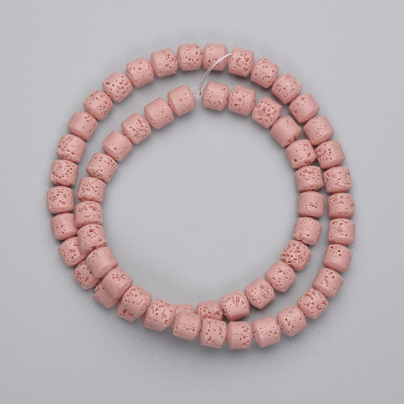 Koraliki z różowej lawy wulkanicznej, cylindryczne, średnica 6×6 mm, na żyłce, długość 38 cm+