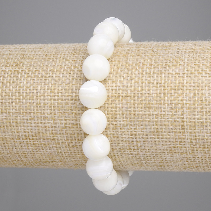 Bransoletka z masy perłowej, gładka kuleczka, średnica 10 mm, długość 18 cm, elastyczna