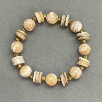 Bransoletka z kulek perłowych o średnicy 10 mm + rondelki 10×2 mm + metalowymi wstawkami, długość 18 cm, elastyczna