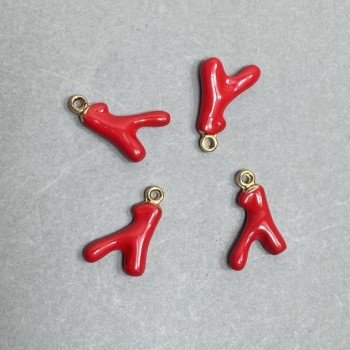 Wisiorek z czerwonej emalii, kolor metalu złocisty, średnica 20×11 mm ±, średnica otworu 2,2 mm ±, opakowanie (4 szt.)