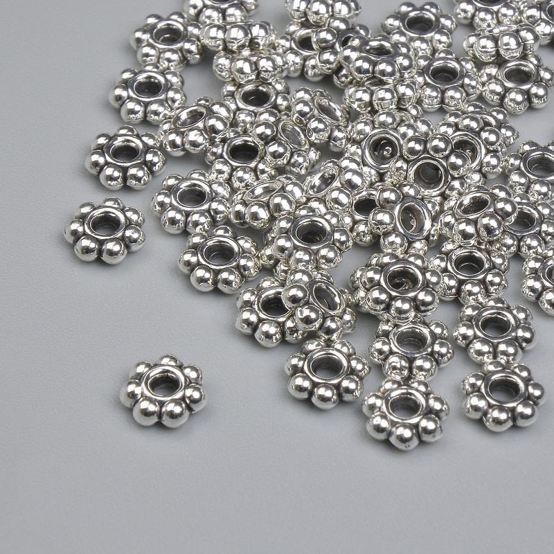 Koralik-wkładka do biżuterii, kolor metalu: srebro, średnica 6 mm ±, otwór 1,7 mm ±, opakowanie ~55 szt. +