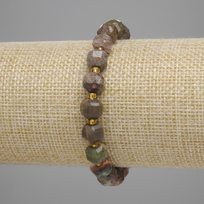 Bransoletka z pejzażowego jaspisu, fasetowany sześcian 8×8 mm, koraliki 3 mm, długość 18 cm, na gumce strecz