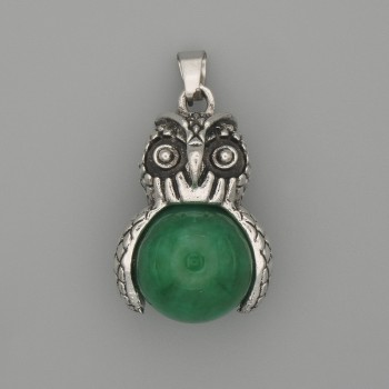 Wisiorek Sowa z chryzoprazem, metal srebrzysty, średnica 30×20 mm, długość 37 mm ±