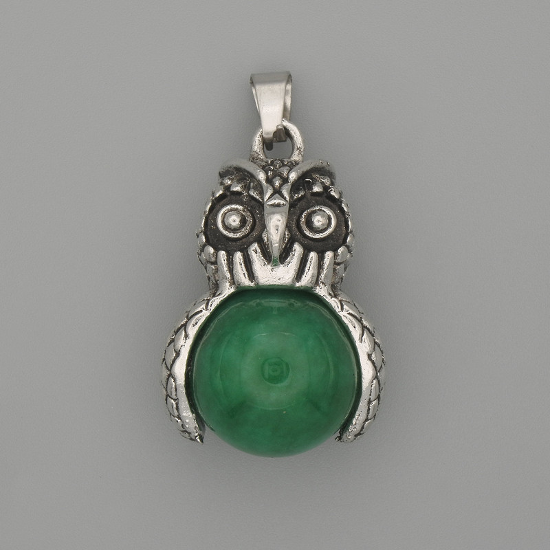 Wisiorek Sowa z chryzoprazem, metal srebrzysty, średnica 30×20 mm, długość 37 mm ±