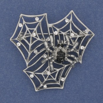 Broszka Pająk na pajęczynie, białe i czarne cyrkonie, srebrzysty metal 43×43 mm+