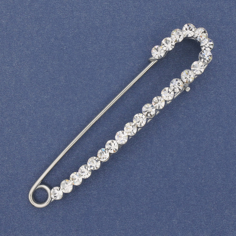 Broszka-spinka z białymi kryształami 75×16 mm ± srebrzysty metal