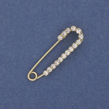 Broszka-spinka z białymi cyrkoniami, 36×10 mm ± metal złocisty